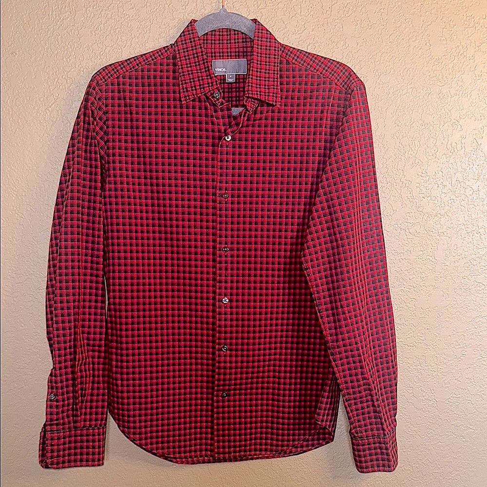 VINCE Coastal Red Black Nova Gingham Plaid Men's Shirt